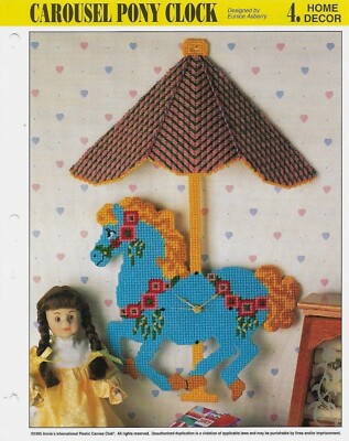 NEW CAROUSEL PONY CLOCK HOME DECOR ANNIE'S PLASTIC CANVAS PATTERN INSTRUCTIONS-image
