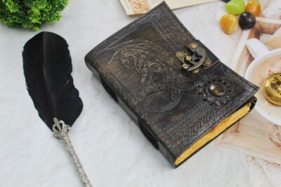 Dragon Embossed Leather Journal with stone Dream Journal, Gift Writing Journal.-image