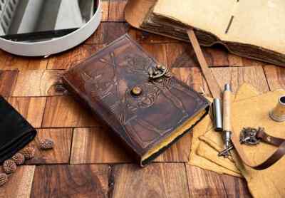 Egyptian Vintage Leather Journal with Lock • Ancient Hieroglyps Book of Shadows-image
