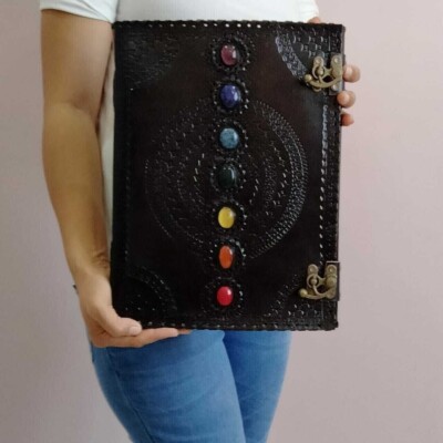 Leather Journal Seven Stone Chakra Notebook Blank Bound Papers Book of Shadows-image