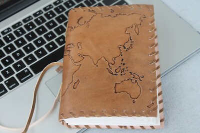 World Map Brown Leather Journal for writing Men Handcrafted heavy Cotton paper-image