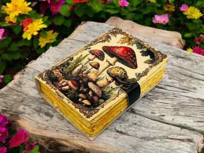 Large Grimoire Vintage Mushroom leather, Handmade Antique spell book of shadows-image