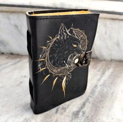 handstiched vintage wolf theme leather journal notebook diary,deckle page,c-lock-image