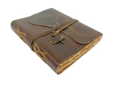 Large Vintage & Handmade Leather Journal w/ Old Fashioned Deckle Edge Paper-image