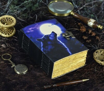Wolf Vintage Leather Journal Grimoire Journal Wolf Handmade Leather Journal-image