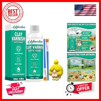 Clay Varnish with 2 Brushes, 120ml Polymer Acrylic Varnish, Matte Air Dry Cla...-image