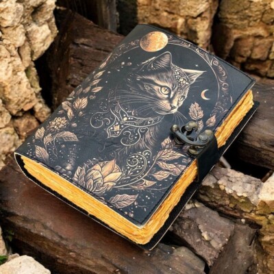 600 Pages Grimoire Little Witch Cat Blank Spell Book of shadow Leather Journal-image