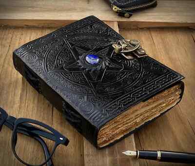 Book of shadows vintage leather journal with semi precious stone.-image