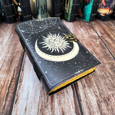 leather journal moon & stars print design Notebook sketchbook gift for him her.-image