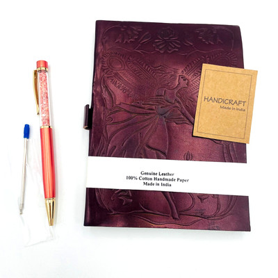 Handmade India Leatherbound Fairy Embossed Notebook w Pen 100% Cotton Paper-image