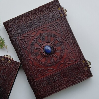 Leather Journal Embossed Blue Stone Vintage Diary Unlined Blank Book Sun Celtic -image