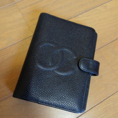 Auth CHANEL caviarskin Coco Mark Notebook Cover Leather Black Hardware Gold-image