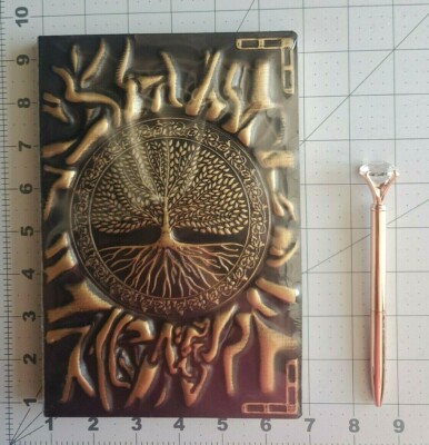 Embossed Life Tree Leather Bronze Journal Notebook Diary w/ Gemmed Staff Pen CZ-image