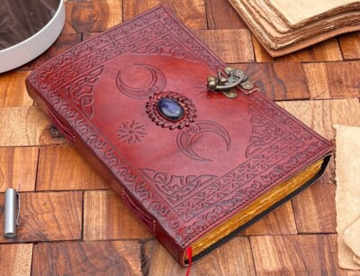 Triple Moon Crystal Leather Journal • Travel Diary Sketchbook  Spiritual Chakra-image