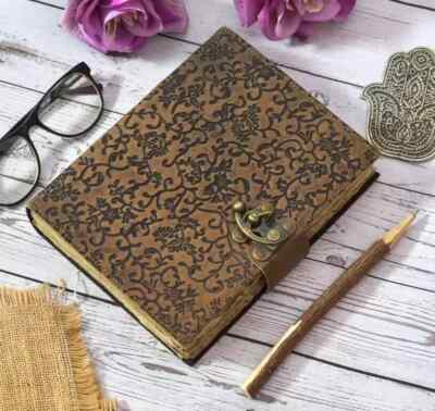 Large Embossed Leather Notebook, Handmade Recycled Cotton Paper Journal Diary-image