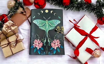Handmade leather journal luna moth vintage journal book of shadows gifts-image