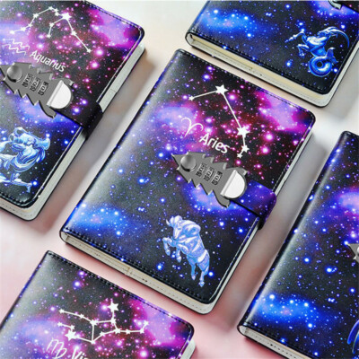 12 Constellation PU Leather Vintage Journal Notebook Lined Paper Diary with Lock-image