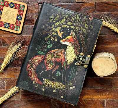 Large Fox Vintage Handmade leather Journal, Grimoire Fat journal Blank-image