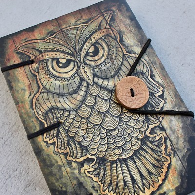Handmade Journal Hard cover Book rugged diary Owl print rope closure Notebook-image