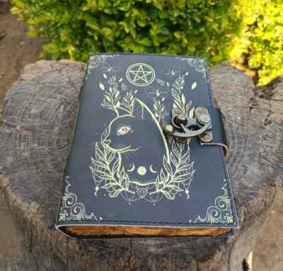Grimoire journal Leather Print caltic cat journal Blank spell book of shadows-image