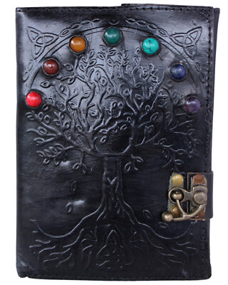 Genuine Leather Journal For Writing Black Cover Tree Stone Studded Notepad Dairy-image