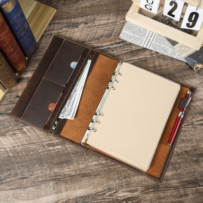 Genuine Leather A5 Notebook Cover Portfolio Ring Binder With Loose-Leaf Paper-image