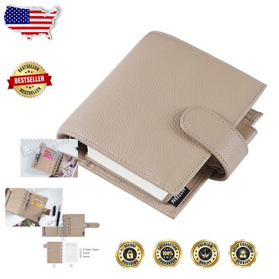 Stylish Pebble-Taupe Leather Binder Planner - Perfect for Work, Travel & Gifts-image