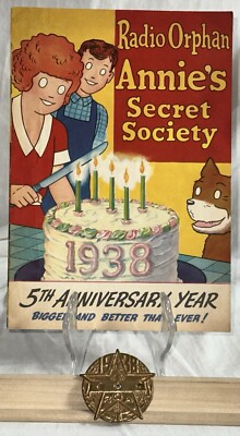 Vtg. 1938 Radio Orphan Annie Secret Society Book & Decoder Badge Pin. 5th Year.-image