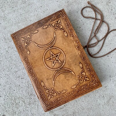 Brown Leather Journal Celestial Sun Triple moon phases Diary Book Of Shadow gift-image