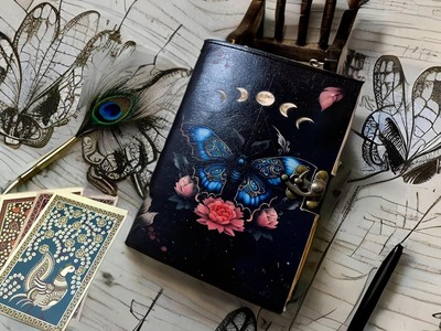 Handmade Leather Luna Moths and Morpho Butterfly Print Diary Prayer Pagan.-image