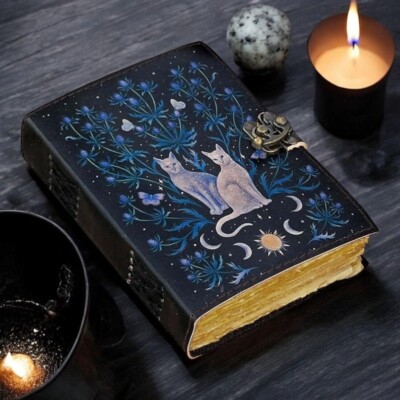 Leather Journal Gothic Notebook Cat Grimoire Print - Vintage Handmade Journal-image