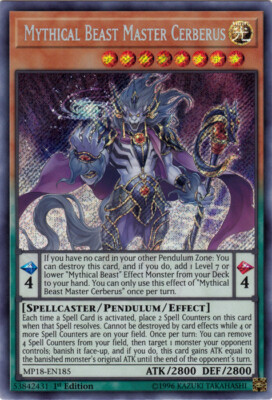 Yugioh! MP Mythical Beast Master Cerberus - MP18-EN185 - Secret Rare - 1st Editi-image