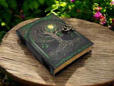 Large Grimoire leather journal, Print Tree of Life Journal, Blank spell book-image