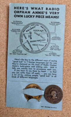 1930S RADIO ORPHAN ANNIE LUCKY PIECE GOOD LUCK COIN WITH ORIGINAL CARD NEW-image