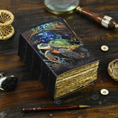 400 Pages - Turtle Leather Journal Rustic Vintage Leather - Grimoire Journal-image