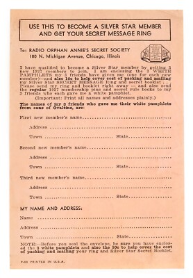 1937 Radio Orphan Annie Secret Society Message Ring Radio Premium Order Form-image