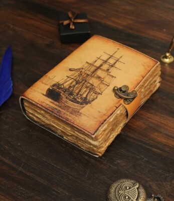 Sailing Ship Handmade Vintage Leather Journal Blank Spell Grimoir Book Of Shadow-image