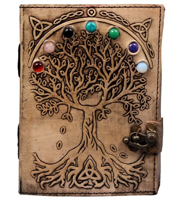 TREE EMBOSSED WITH 7 STONE LEATHER JOURNAL NOTEBOOK DIARY GIFT LOCK DECKLE PAGE-image