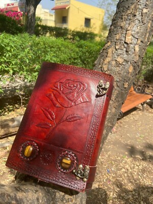 Leather journal rose embossed with stone leather dairy notebook sketchbook gift.-image
