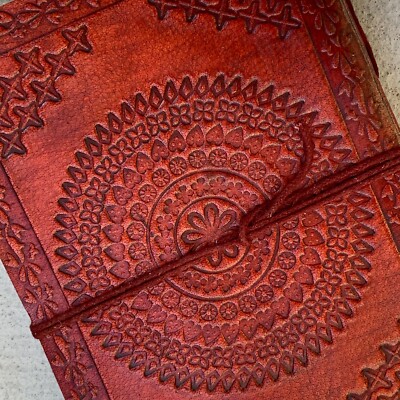 Leather Notebook Red Chakra Mandala Book 7x5 blank Journal Cotton Paper Diary -image