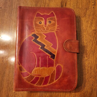 VINTAGE 90s Tooled Leather Cat Day Planner Binder | Organizer -image
