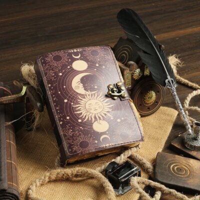 Sun & moon wiccan decor vintage leather journal spell book of shadows grimoire-image