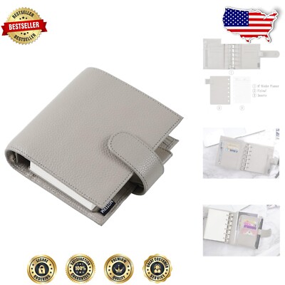 Elegant Genuine Leather Pocket Rings Planner - 30mm Budget Binder in Pebble-Gray-image
