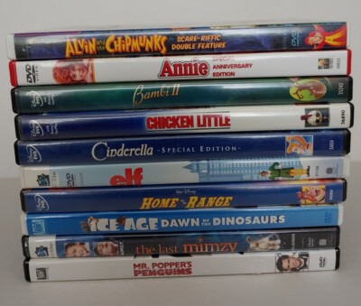 Lot of 10 Kid Friendly DVDs incl. Annie Cinderella Elf Ice Age Alvin Chicken Lit-image