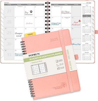 POPRUN Monthly Planner 2024-2025 Spiral Bound (6.5'' x 8.5'') 18 Months Calendar-image