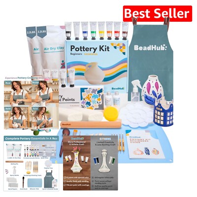 Complete Pottery Crafting Set: 4.4Lbs White Air-Dry Clay & 12 Acrylic Paints-image