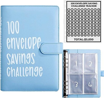 100 Envelope Challenge Budget Planner, $5,050 Money Saving Cash Challenge, Blue-image