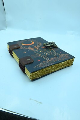 Handcrafted Blue Leather Journal with Celestial Deer and Moon Design - Unique NB-image