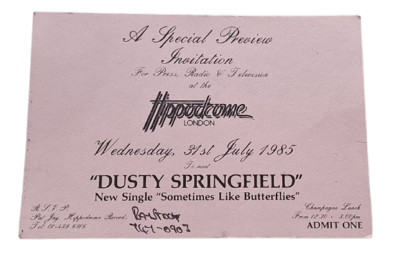 Dusty Springfield Hippodrome London 1985  Invite Annie Nightingale Archive COA-image