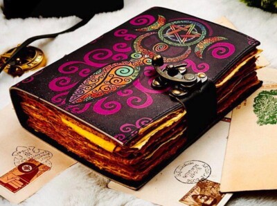 Blank Spell Book of Shadows Journal-Handmade Leather Grimoire - Triple Moon-image